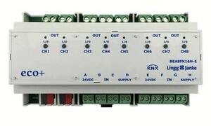Actuador conmutación con entradas KNX, 79241H, 8 salidas binarias, 8 entradas libre potencial, 16A C-load, carril DIN, serie ECO+, Ref. BEA8FK16H-E