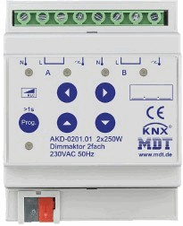 Actuador dimmer KNX, universal, 2 salidas, 230VAC, 250W, carril DIN, serie STANDARD, Ref. AKD-0201.01