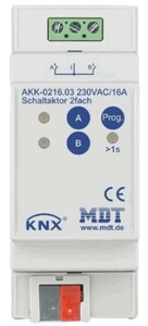 Actuador conmutación KNX, 2 salidas binarias, 230VAC, 16A, carril DIN, Ref. AKK-0216.03