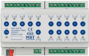 Actuador conmutación KNX, 16 salidas binarias, 230VAC, 16A, 140µF C-load, carril DIN, Ref. AKS-1616.03