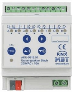 Actuador multifunción KNX, calefacción / conmutación / persianas, 8 salidas binarias / 4 canales persianas, 230VAC, 16A, carril DIN, Ref. AKU-0816.02