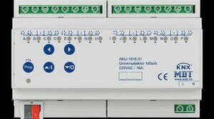Actuador multifunción KNX, calefacción / conmutación / persianas, 16 salidas binarias / 8 canales persianas, 230VAC, 16A, carril DIN, Ref. AKU-1616.02