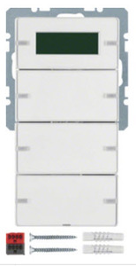 Pulsador 3 canales con regletas de inscripción, termostato continuo por estancias y display, para gama Q.1/Q.3/Q.7/Q.9, blanco polar