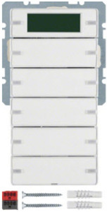 Pulsador 5 canales con regletas de inscripción, termostato continuo por estancias y display, para gama Q.1/Q.3/Q.7/Q.9, blanco polar