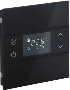 Pulsador KNX, 2 teclas, con termostato, con sensor temperatura, con display, sin icono, serie ROSA Crystal, negro, Ref. INT-RCT1-0101B0
