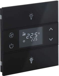 Pulsador KNX, 2 teclas, con termostato, con sensor temperatura, con display, con icono, serie ROSA, negro, Ref. INT-RCT1-0101B1