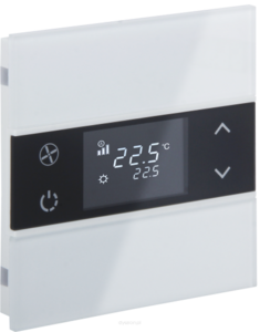 Pulsador KNX, 2 teclas, con termostato, con sensor temperatura, con display, sin icono, serie ROSA Crystal, blanco, Ref. INT-RCT1-0201B0