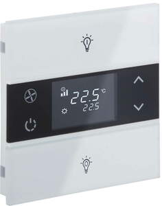 Pulsador KNX, 2 teclas, con termostato, con sensor temperatura, con display, con icono, serie ROSA, blanco, Ref. INT-RCT1-0201B1