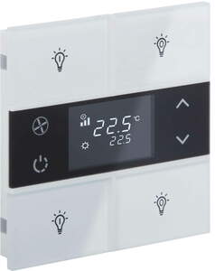 Pulsador KNX, 4 teclas, con termostato, con sensor temperatura, con display, con icono, serie ROSA, blanco, Ref. INT-RCT2-0201B1