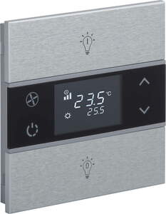 Pulsador KNX, 2 teclas, con termostato, con sensor temperatura, con display, con icono, serie ROSA Metal, aluminio, Ref. INT-RMT1-0401B1