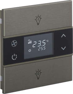 Pulsador KNX, 2 teclas, con termostato, con sensor temperatura, con display, con icono, serie ROSA Metal, bronce, Ref. INT-RMT1-0501B1