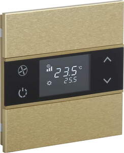 Pulsador KNX, 2 teclas, con termostato, con sensor temperatura, con display, sin icono, serie ROSA Metal, oro, Ref. INT-RMT1-0601B0