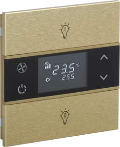 Pulsador KNX, 2 teclas, con termostato, con sensor temperatura, con display, con icono, serie ROSA Metal, oro, Ref. INT-RMT1-0601B1