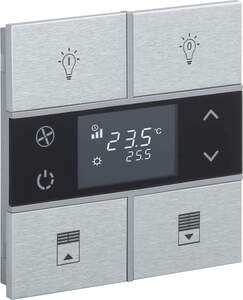 Pulsador KNX, 4 teclas, con termostato, con sensor temperatura, con display, con icono, serie ROSA Metal, aluminio, Ref. INT-RMT2-0401B1