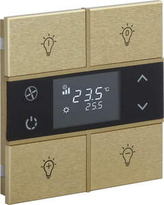 Pulsador KNX, 4 teclas, con termostato, con sensor temperatura, con display, con icono, serie ROSA Metal, oro, Ref. INT-RMT2-0601B1