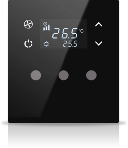 Pulsador KNX, 3 teclas, con termostato, con display, serie MONA, negro, Ref. MN-B-T03