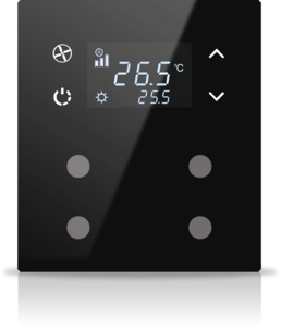Pulsador KNX, 4 teclas, con termostato, con display, serie MONA, negro, Ref. MN-B-T04