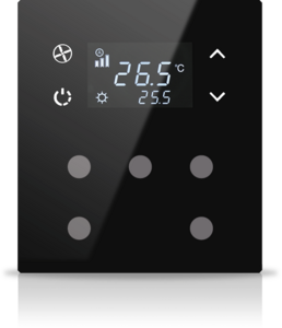 Pulsador KNX, 5 teclas, con termostato, con display, serie MONA, negro, Ref. MN-B-T05