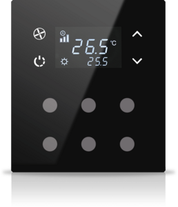 Pulsador KNX, 6 teclas, con termostato, con display, serie MONA, negro, Ref. MN-B-T06
