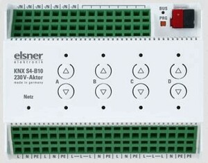 KNX S4-B10 230 V: 4 salidas multifuncionales (8 on/off ), 10 entradas binarias.