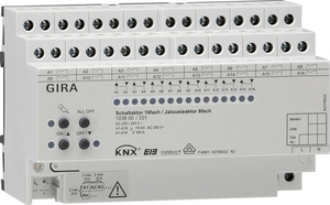 Actuador multifunción KNX, conmutación / persianas, 16 salidas binarias / 8 canales persianas, 16A, 140µF, carril DIN, Ref. 1038 00