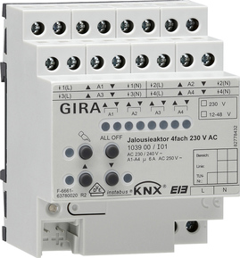Actuador persianas AC/DC KNX, 4 salidas AC / 2 salidas DC, 230VAC / 12-48VDC, 6A, carril DIN, Ref. 1039 00