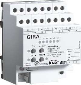 Actuador multifunción KNX, conmutación / persianas / calefacción electrónico, 4 salidas binarias / 2 canales persianas / 2 canales calefacción , 16A, 140µF C-load, carril DIN, Ref. 2162 00