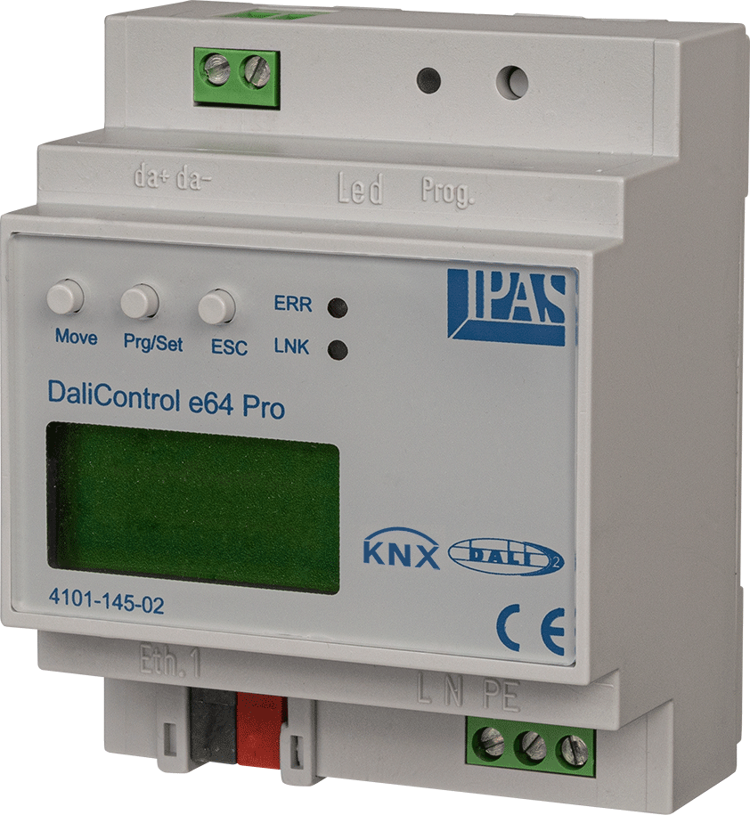 Pasarela iluminación KNX DALI / DALI 2 compatible, e64 Pro, 16 grupos, 64 balastros, con visualización, carril DIN, Ref. 4101-145-02