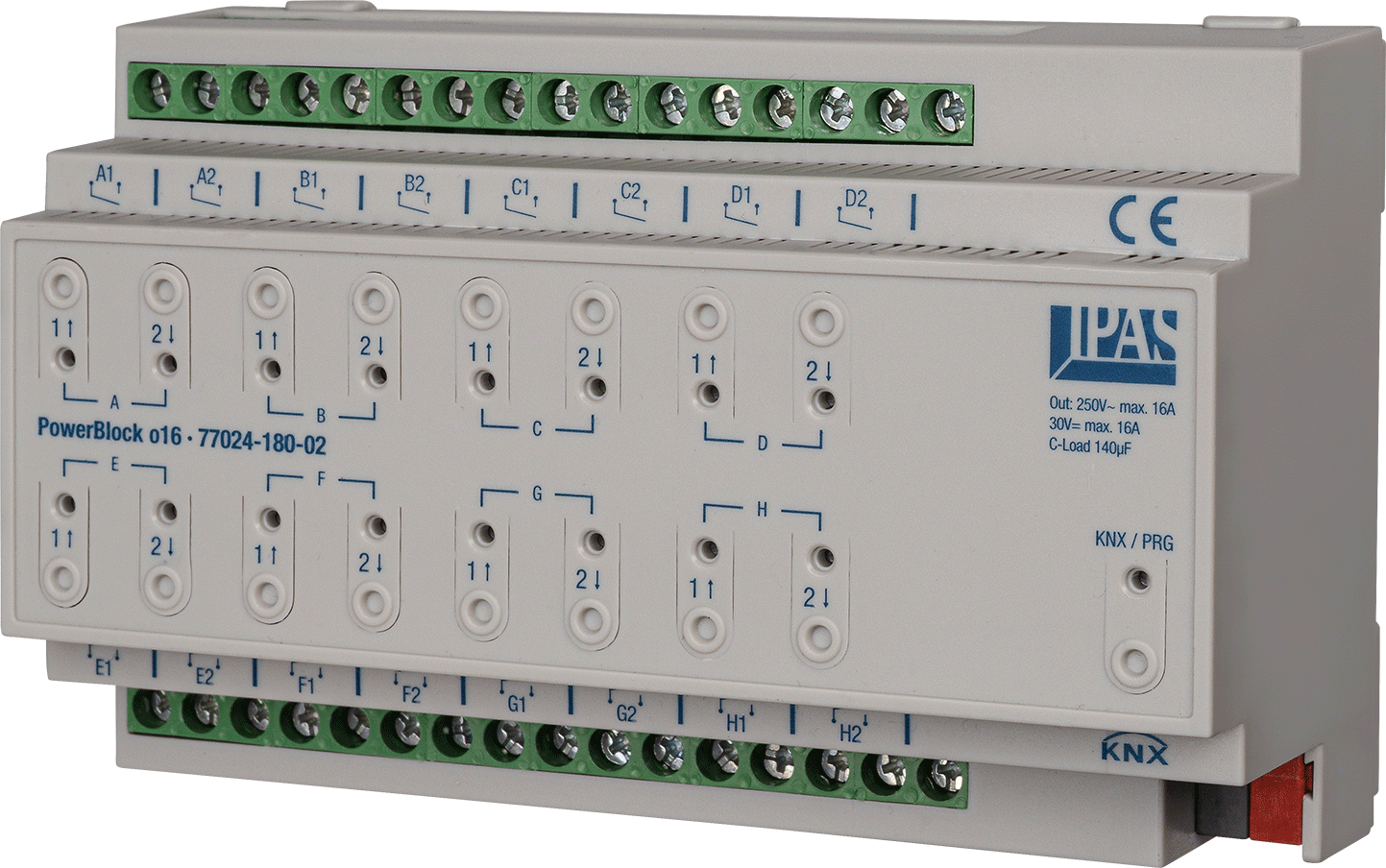Actuador multifunción KNX, PowerBlock o16, conmutación / persianas, 16 salidas binarias / 8 canales persianas, 16A, 140µF C-load, carril DIN, serie PowerBlock, Ref. 77024-180-02
