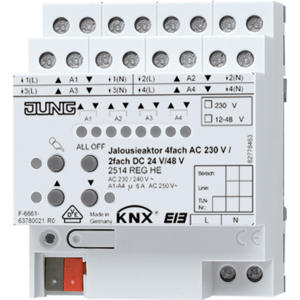 Actuador persianas AC / DC KNX, 4 canales persianas AC / 2 canales persianas DC, 24VDC / 230VAC, carril DIN, Ref. 2514 REGHE