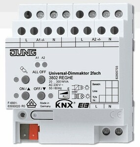 Actuador dimmer KNX, universal / optimizado LED 230v, 2 salidas, 300W, Ref. 3902 REGHE