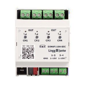 KNX Secure 1-10V interface 4-fold, manual operation, 4 TE; switching capacity 16A 250 VAC, C-load 140µF, Ref. 77611SEC