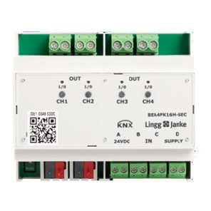 KNX Secure binary input/output 4-fold, contact scanning, manual operation, 6 TE; switching capacity 16A 250 VAC, C-load 200µF, Ref. 79243SEC