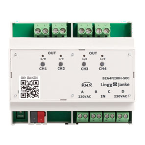 Actuador conmutación con entradas KNX secure, BEA4F230H-SEC, 4 salidas binarias, 4 entradas 230VAC, 16A, 200µF C-load, Ref. 79244SEC, Ref. 79244SEC