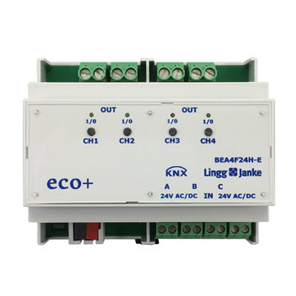 Actuador conmutación con entradas KNX secure, BEA4F24H-SEC, 4 salidas binarias, 4 entradas 24V, 16A, 200µF C-load, Ref. 79246SEC