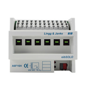 KNX Secure switching actuator 6 f, manual operation 6 TE; Switching capacity  16A 250 VAC, C-Last 200µF, Ref. 89205SEC