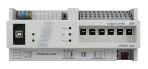 Interfaz de programación KNX USB, NTA6F16H+USB-2, con fuente de alimentación, 640mA, con actuador, 6 salidas binarias, 16A C-load, carril DIN, serie eibSOLO, Ref. 89222
