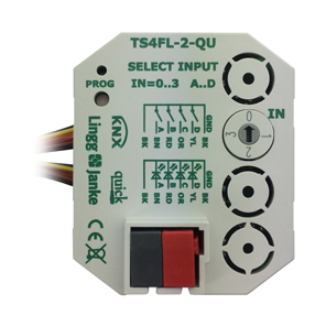 Interfaz de pulsadores KNX, TS4FL-2-QU, 4 entradas, libre potencial, con salida LED, empotrable para caja de mecanismos, serie QUICK, Ref. Q77881