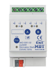 Actuador dimmer KNX, universal, 2 salidas, 230VAC, 1A - 1.9A, 250W, portencia activa, carril DIN, serie STANDARD, Ref. AKD-0201.02