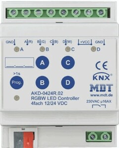Actuador dimmer KNX, LED 12/24VDC, 4 salidas, voltaje constante, RGB / RGBW, 4A, carril DIN, Ref. AKD-0424R.02