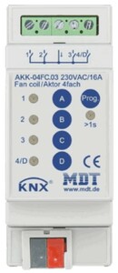 Actuador multifunción KNX, conmutación / fan coil, 4 salidas binarias / 2 canales persianas / 1 fan coil, 2 tubos / 4 tubos, 230VAC, 16A, carril DIN, Ref. AKK-04FC.03