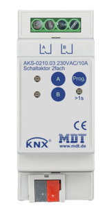 Actuador conmutación KNX, 2 salidas binarias, 230VAC, 10A, 140µF C-load, carril DIN, Ref. AKS-0210.03