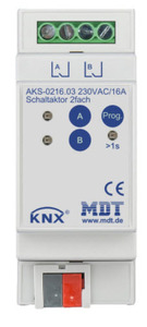 Actuador conmutación KNX, 2 salidas binarias, 230VAC, 16A, 140µF C-load, carril DIN, Ref. AKS-0216.03