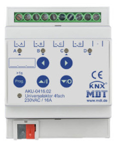 Actuador multifunción KNX, calefacción / conmutación / persianas, 4 salidas binarias / 2 canales persianas, 230VAC, 16A, carril DIN, Ref. AKU-0416.02