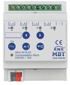 Actuador multifunción KNX, calefacción / conmutación / persianas, 4 salidas binarias / 2 canales persianas, 230VAC, 16A, carril DIN, Ref. AKU-0416.03