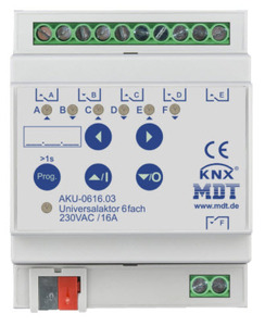 Actuador multifunción KNX, calefacción / conmutación / persianas, 6 salidas binarias / 3 canales persianas, 230VAC, 16A, carril DIN, Ref. AKU-0616.03