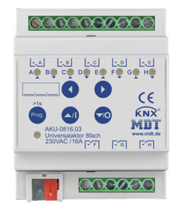 Actuador multifunción KNX, calefacción / conmutación / persianas, 8 salidas binarias / 4 canales persianas, 230VAC, 16A, carril DIN, Ref. AKU-0816.03