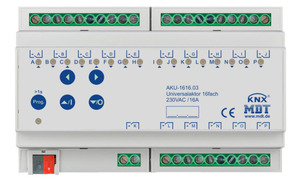 Actuador multifunción KNX, calefacción / conmutación / persianas, 16 salidas binarias / 8 canales persianas, 230VAC, 16A, carril DIN, Ref. AKU-1616.03