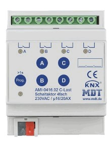 Actuador conmutación KNX, 4 salidas binarias, 230VAC, 16A / 20A, 200µF C-load, medición de corriente, carril DIN, Ref. AMI-0416.02