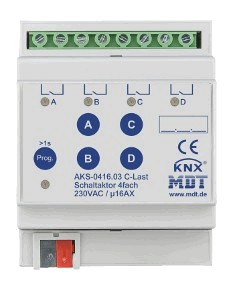 Actuador conmutación KNX, 4 salidas binarias, 230VAC, 16A, 140µF C-load, medición de corriente, carril DIN, Ref. AMS-0416.02